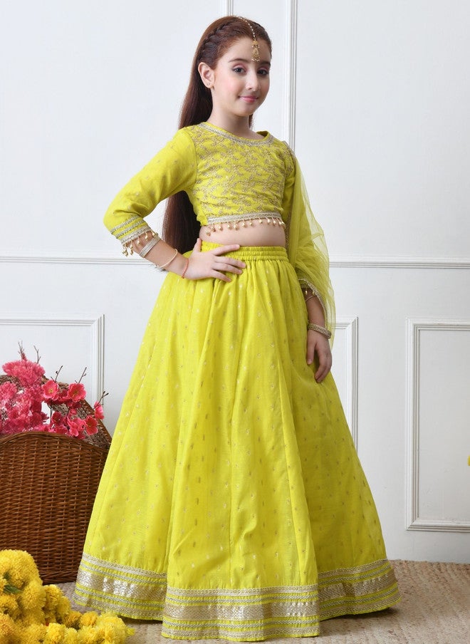 Indi-Loom Couture Girls Embroidered Round Neck Semi-Stitched Lehenga & Blouse With Dupatta - Image 2