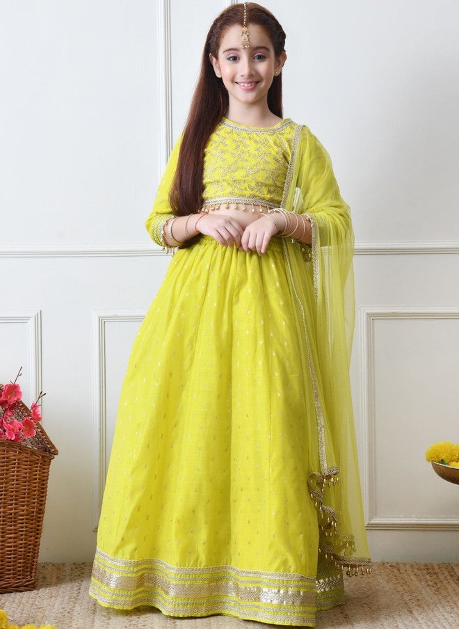 Indi-Loom Couture Girls Embroidered Round Neck Semi-Stitched Lehenga & Blouse With Dupatta - Image 1
