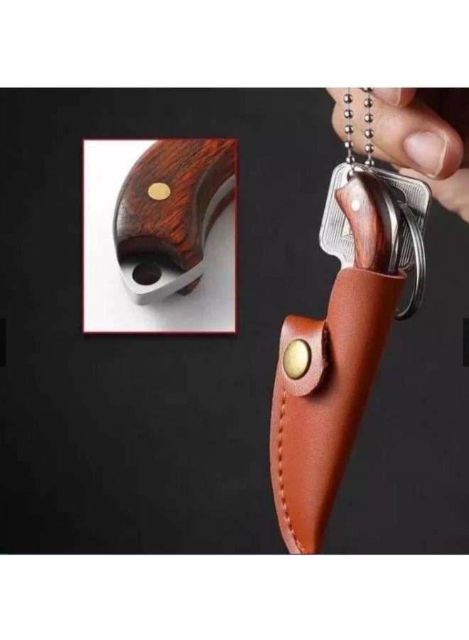 Portable Stainless Steel Mini Pocket Knife with Leather Cover Camping Keychain Package Opener Outdoor Hiking Survival Tools - Image 5