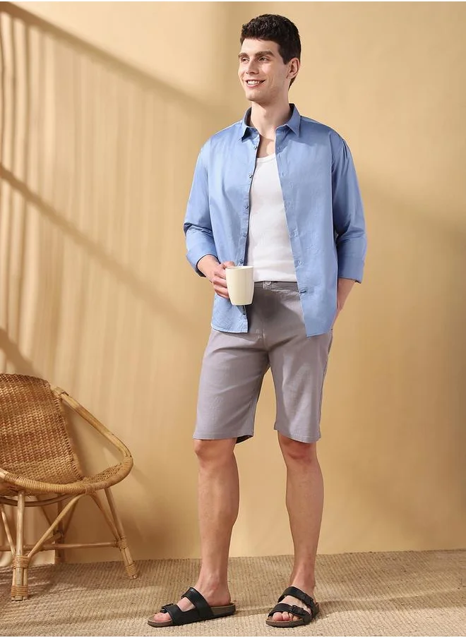 Dennis Lingo Regular Fit solid Grey Cotton Slub Mid rise Waist Knee Length Length Woven Weave Bermuda for Men with Button/Zip Closure -a go-to choice for versatile dressing.