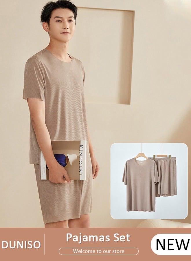 DUNISO 2 pcs Pajamas Set for Men and Women Short Sleeve Summer Relaxed Pajamas Round Neck High Elastic Breathable Thin Pajamas Set - Image 1