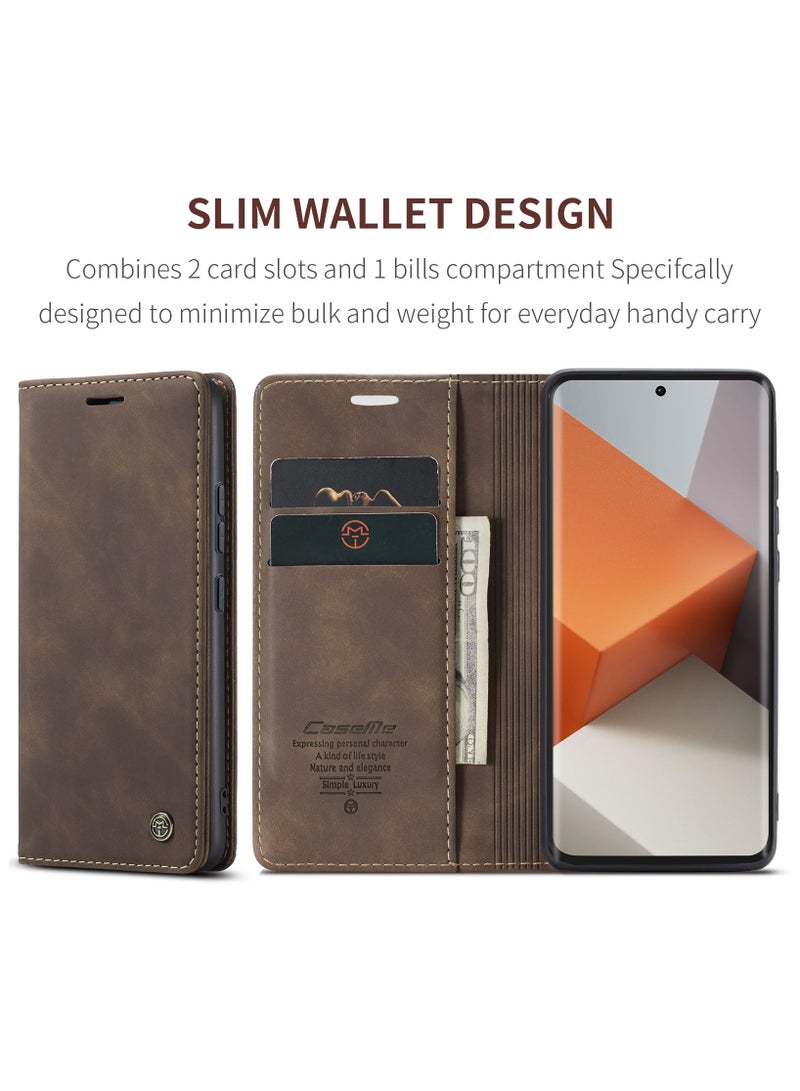 CaseMe RedMi Note 13 pro plus 5G Wallet Case Book Folding Flip Folio Case with Magnetic Kickstand Card Slots Protective Cover - Coffee - Image 3