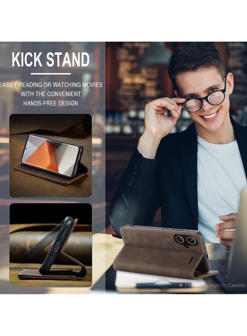 CaseMe RedMi Note 13 pro plus 5G Wallet Case Book Folding Flip Folio Case with Magnetic Kickstand Card Slots Protective Cover - Coffee - Image 4