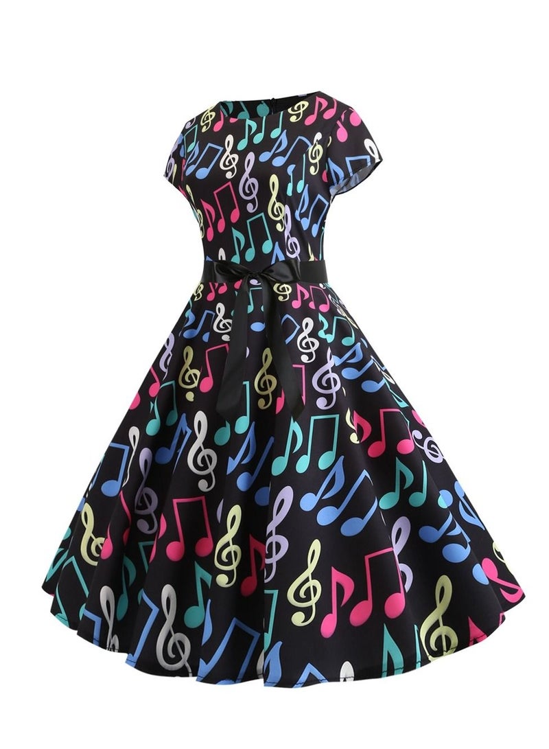 Loquat Round neck sleeve wrapped note printed black ribbon large swing dress retro Black  - Image 2