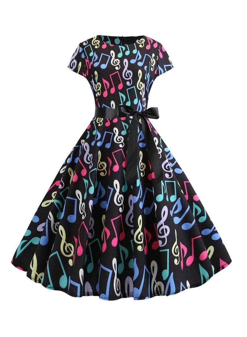 Loquat Round neck sleeve wrapped note printed black ribbon large swing dress retro Black  - Image 1