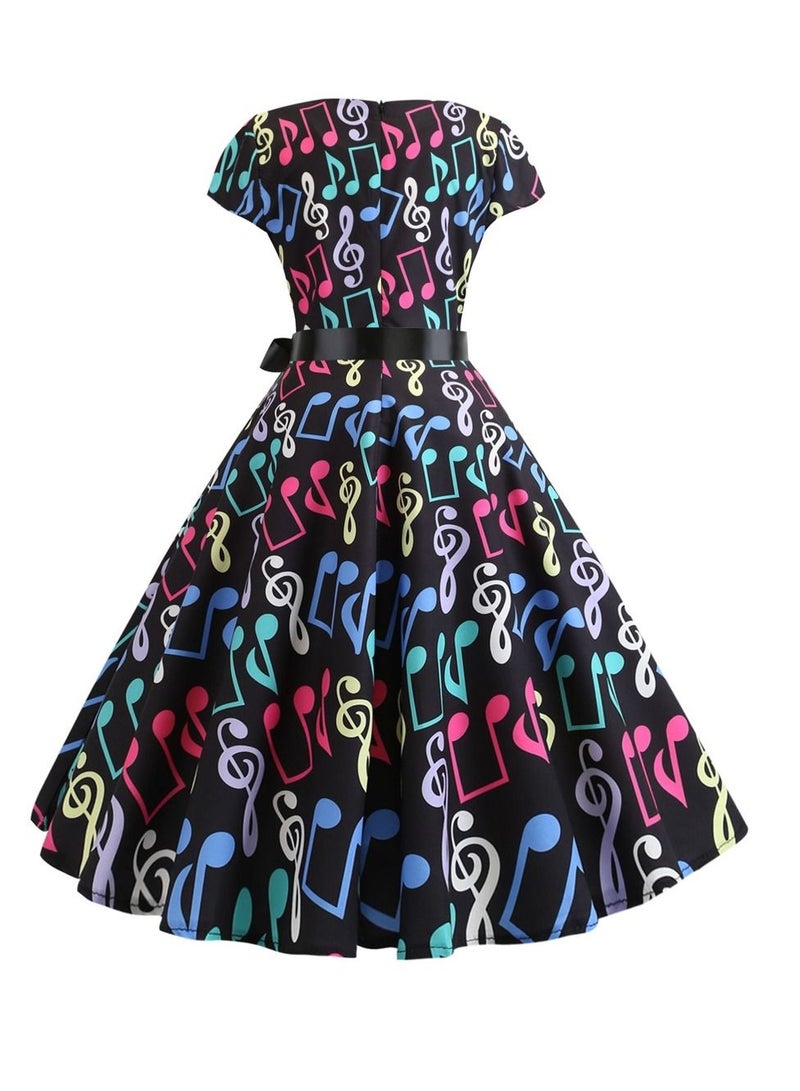 Loquat Round neck sleeve wrapped note printed black ribbon large swing dress retro Black  - Image 3