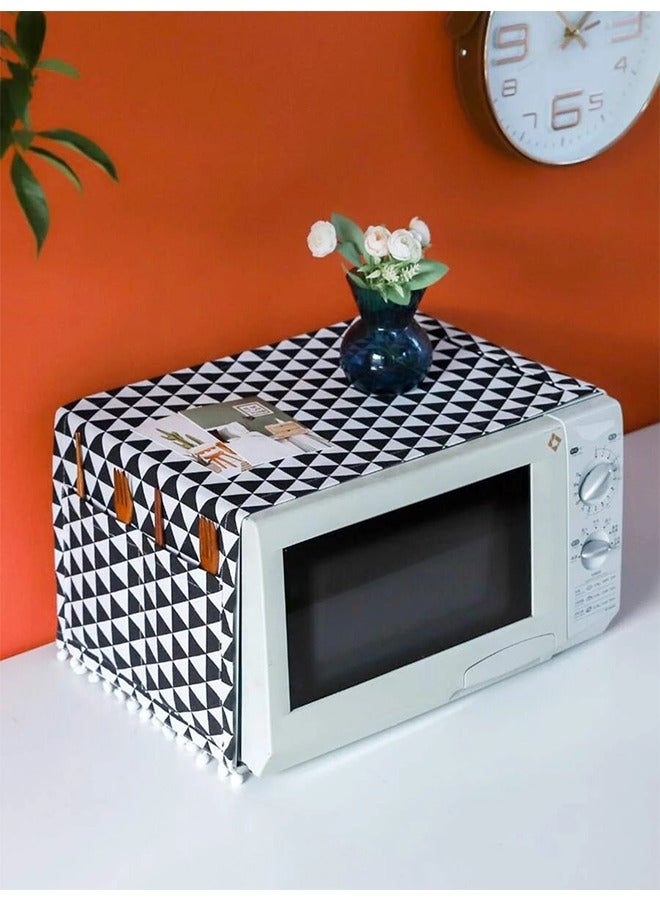 Microwave Oven Cover, Dustproof Protector Decorative Kitchen Appliance Cover, with Side 4 Storage Organizer Bags 11.8x35.4", Oil Proof Cloth Cotton Linen Kitchen Toaster Protector (Black Triangle)  - Image 4