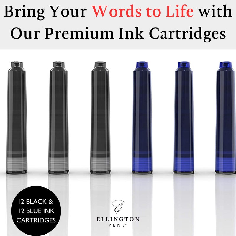 Ellington Pens Blue & Black Fountain Pen Ink Refills 24 Pack - International Standard Size Cartridges - Ink For Fountain Pen - Premium Quality & Non-Toxic, Long-Lasting & Waterproof Ink, Dries Quickly - Image 2