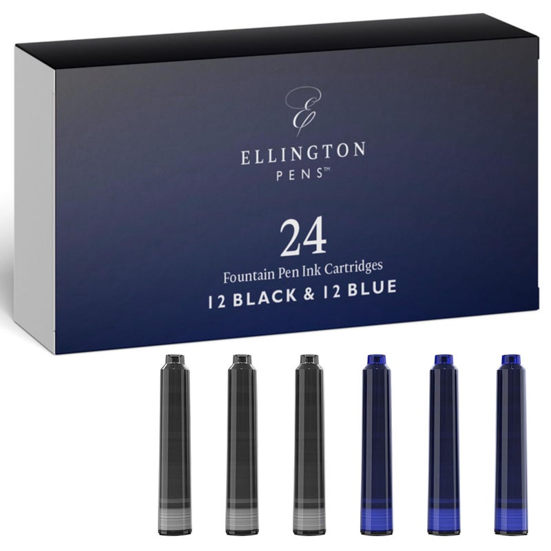 Ellington Pens Blue & Black Fountain Pen Ink Refills 24 Pack - International Standard Size Cartridges - Ink For Fountain Pen - Premium Quality & Non-Toxic, Long-Lasting & Waterproof Ink, Dries Quickly - Image 1