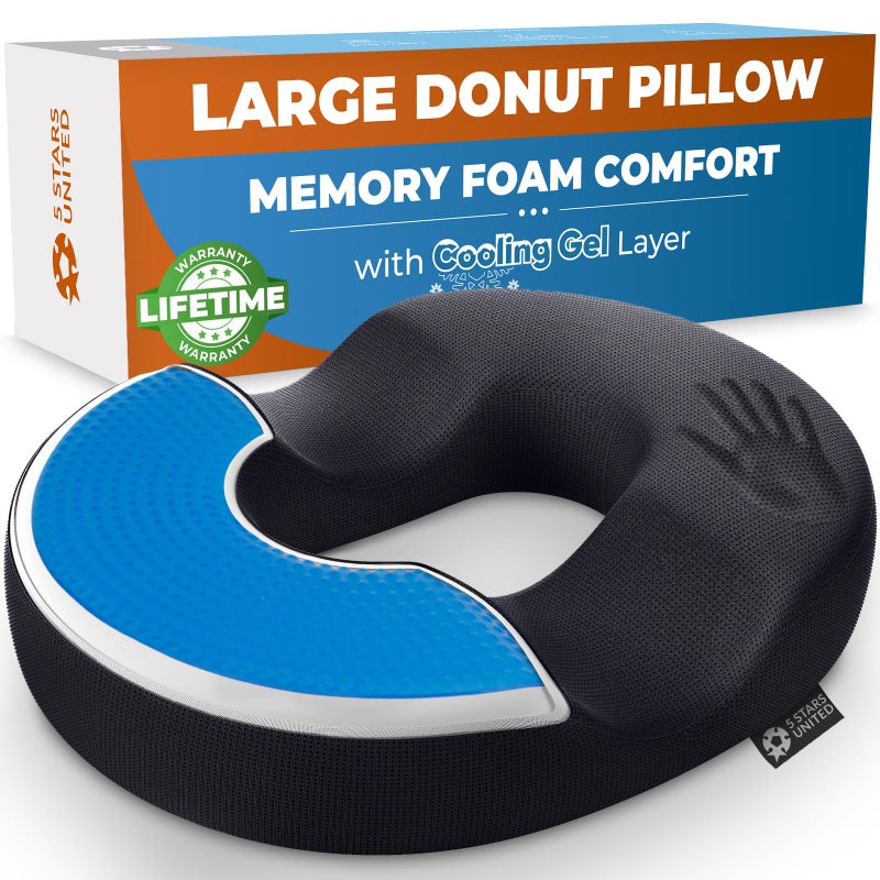 5 STARS UNITED Donut Pillow Hemorrhoid Tailbone Cushion  Large Chair Pad for Pain Relief  Coccyx Prostate Sciatica Pelvic Floor Pressure Sores Pregnancy Postpartum Recovery Arctic Black