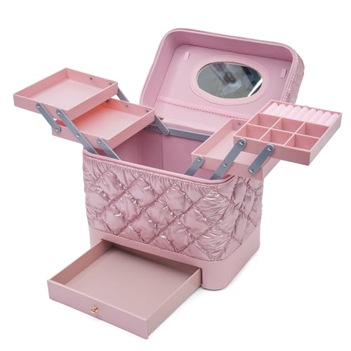 SHAMAX Big Makeup Organizer Box with Mirror, 4 Trays & Drawer Cosmetic Vanity Case Portable Cosmetic Organizer Spacious Vanity, Travel and Storage (Pink) - Image 2