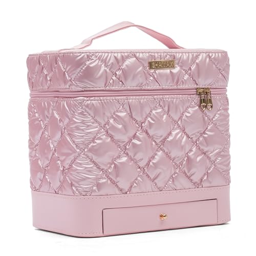 SHAMAX Big Makeup Organizer Box with Mirror, 4 Trays & Drawer Cosmetic Vanity Case Portable Cosmetic Organizer Spacious Vanity, Travel and Storage (Pink) - Image 1