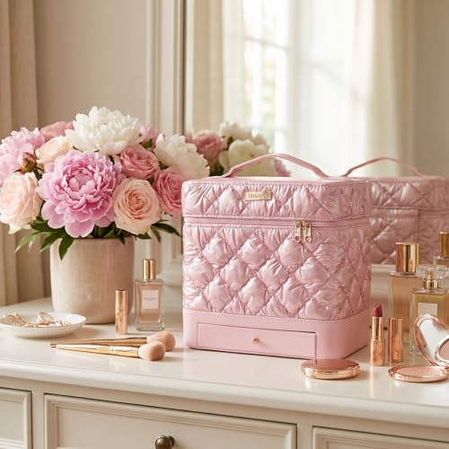 SHAMAX Big Makeup Organizer Box with Mirror, 4 Trays & Drawer Cosmetic Vanity Case Portable Cosmetic Organizer Spacious Vanity, Travel and Storage (Pink) - Image 3