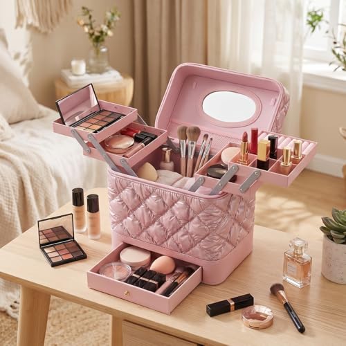 SHAMAX Big Makeup Organizer Box with Mirror, 4 Trays & Drawer Cosmetic Vanity Case Portable Cosmetic Organizer Spacious Vanity, Travel and Storage (Pink) - Image 4