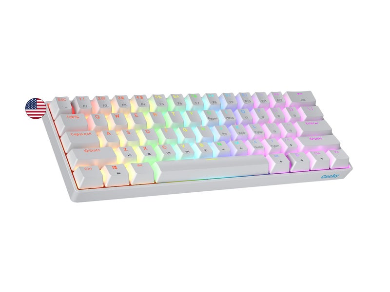 Geeky GK61 60% | Hot Swappable Mechanical Gaming Keyboard | 61 Keys Multi Color RGB LED Backlit for PC/Mac Gamer | ANSI US American Layout (White, Mechanical Speed Silver) - Image 1