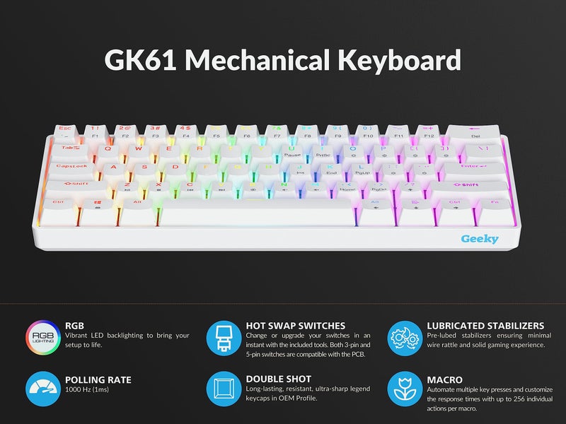 Geeky GK61 60% | Hot Swappable Mechanical Gaming Keyboard | 61 Keys Multi Color RGB LED Backlit for PC/Mac Gamer | ANSI US American Layout (White, Mechanical Speed Silver) - Image 5