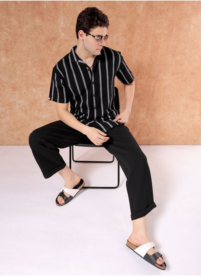 The Indian Garage Co Men Relaxed Fit Striped Half Sleeves Cuban Collar Resort Wear Shirt  - Image 5