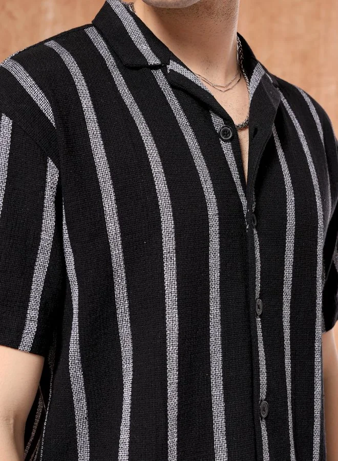 The Indian Garage Co Men Relaxed Fit Striped Half Sleeves Cuban Collar Resort Wear Shirt