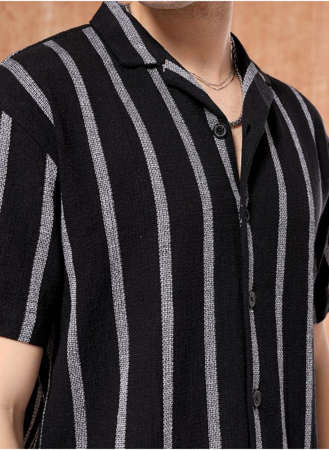 The Indian Garage Co Men Relaxed Fit Striped Half Sleeves Cuban Collar Resort Wear Shirt  - Image 4