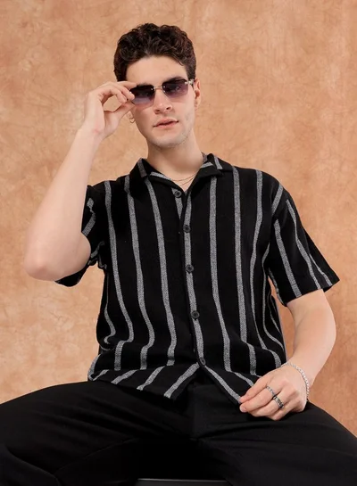 The Indian Garage Co Men Relaxed Fit Striped Half Sleeves Cuban Collar Resort Wear Shirt
