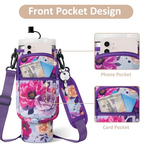 AceTreker 40/30 oz Stanley Tumbler Sleeve Sling with Phone Pocket, Neoprene Carrier Holder for Travel Cup with Handle, Metal Coffee Mug Bag with Straw Cover for Walking Driving Work-Purple Rose - Image 4