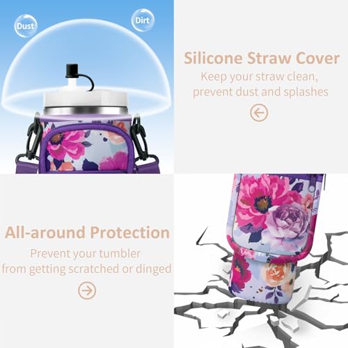 AceTreker 40/30 oz Stanley Tumbler Sleeve Sling with Phone Pocket, Neoprene Carrier Holder for Travel Cup with Handle, Metal Coffee Mug Bag with Straw Cover for Walking Driving Work-Purple Rose - Image 5