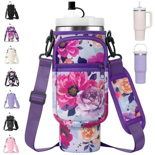 AceTreker 40/30 oz Stanley Tumbler Sleeve Sling with Phone Pocket, Neoprene Carrier Holder for Travel Cup with Handle, Metal Coffee Mug Bag with Straw Cover for Walking Driving Work-Purple Rose - Image 1