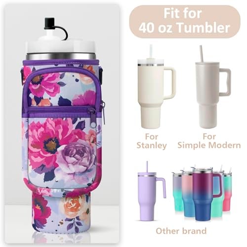 AceTreker 40/30 oz Stanley Tumbler Sleeve Sling with Phone Pocket, Neoprene Carrier Holder for Travel Cup with Handle, Metal Coffee Mug Bag with Straw Cover for Walking Driving Work-Purple Rose - Image 2