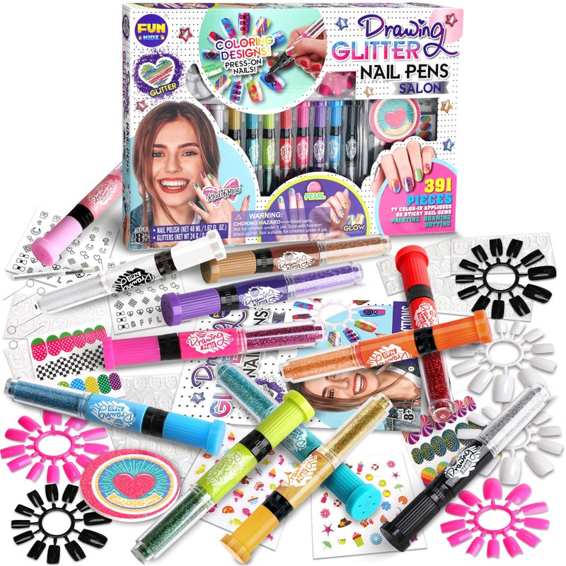 FUN KIDZ Kids Nail Kit for Girls Ages 7-12, FunKidz Ultimate 315Pcs Nail Polish Pens Combo Pack Size 17.91Wx12.4L Glitter Temporary Nail Supplies for Teens SPA Makeup Kit - Image 1