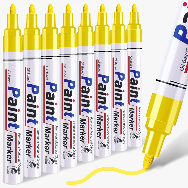 Yellow Paint Pen Permanent Paint Markers 8 Oil Based Paint Pens Medium Tip Quick Drying and Waterproof Marker Pens for Metal Rock Painting Wood Fabric Plastic Canvas Mugs Yellow Markers Pen