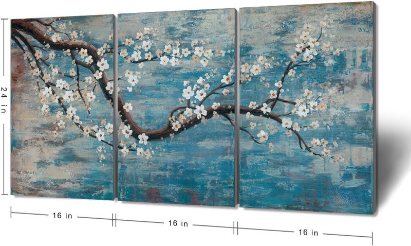 amatop Wall Art for Living Room 100% Hand-Painted Flower Oil Painting On Canvas Gallery Wrapped Large Framed Floral Plum Blossom Tree Teal Blue Artwork for Home Bedroom Decor 48"x24" - Image 2