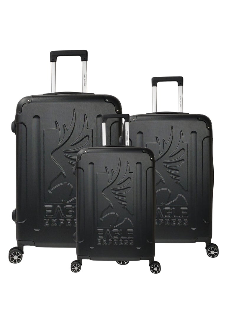 ايجل اكسبريس طقم شنط سفر Eagle Express Protector مكون من 3 قطع (20/24/28 بوصة) – أسود، خامة ABS عالية الجودة، 4 عجلات صامتة، قفل مدمج، ضمان سنة - Image 1