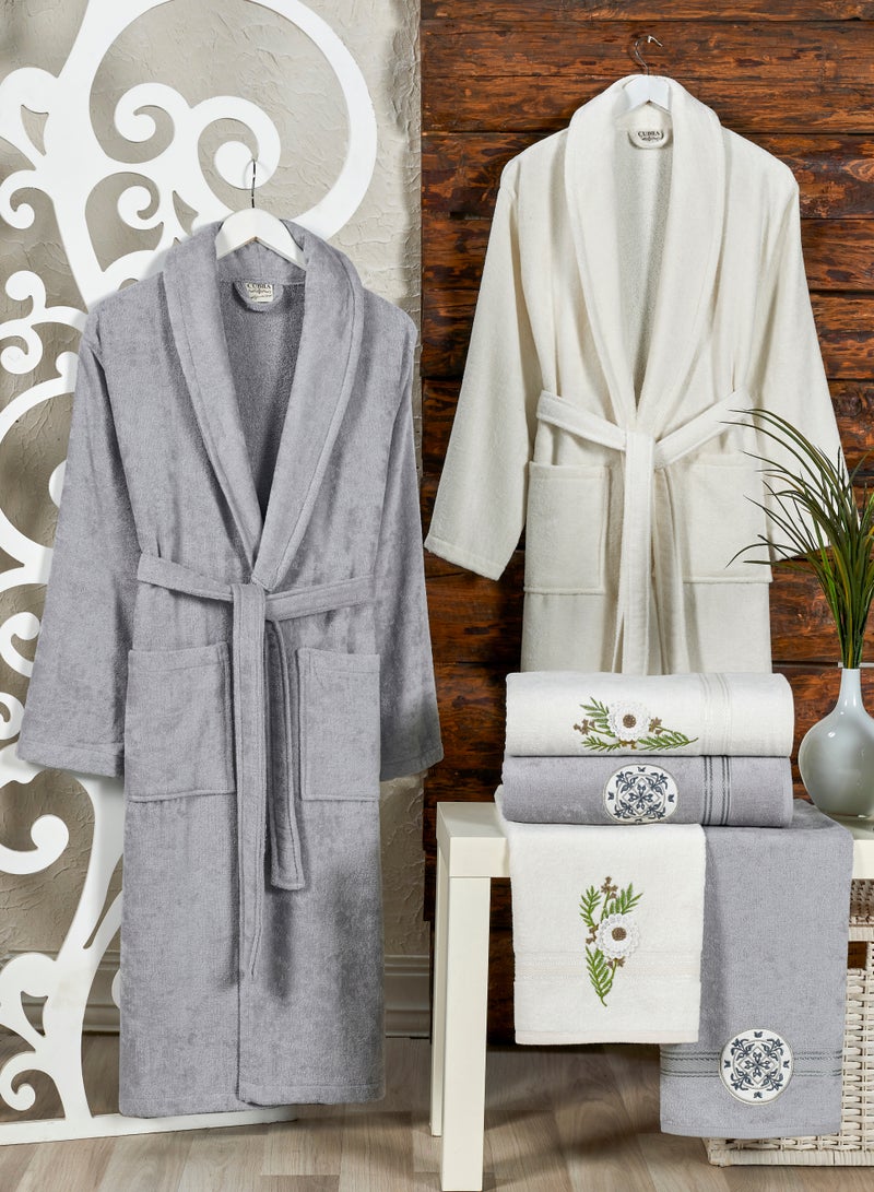 My VITA 6-Piece Turkish Velour Cotton Family Bathrobe Set with Matching Bath Towels and Hand Towels Grey/Ivory - Image 1