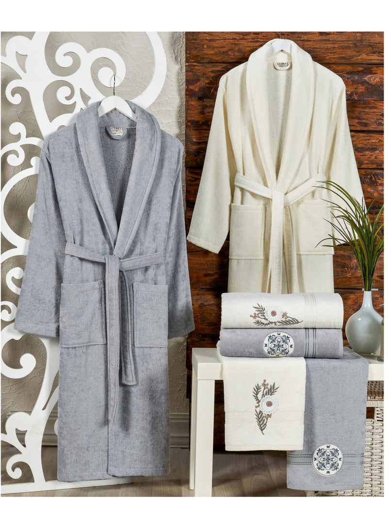 My VITA 6-Piece Turkish Velour Cotton Family Bathrobe Set with Matching Bath Towels and Hand Towels Grey/Ivory 