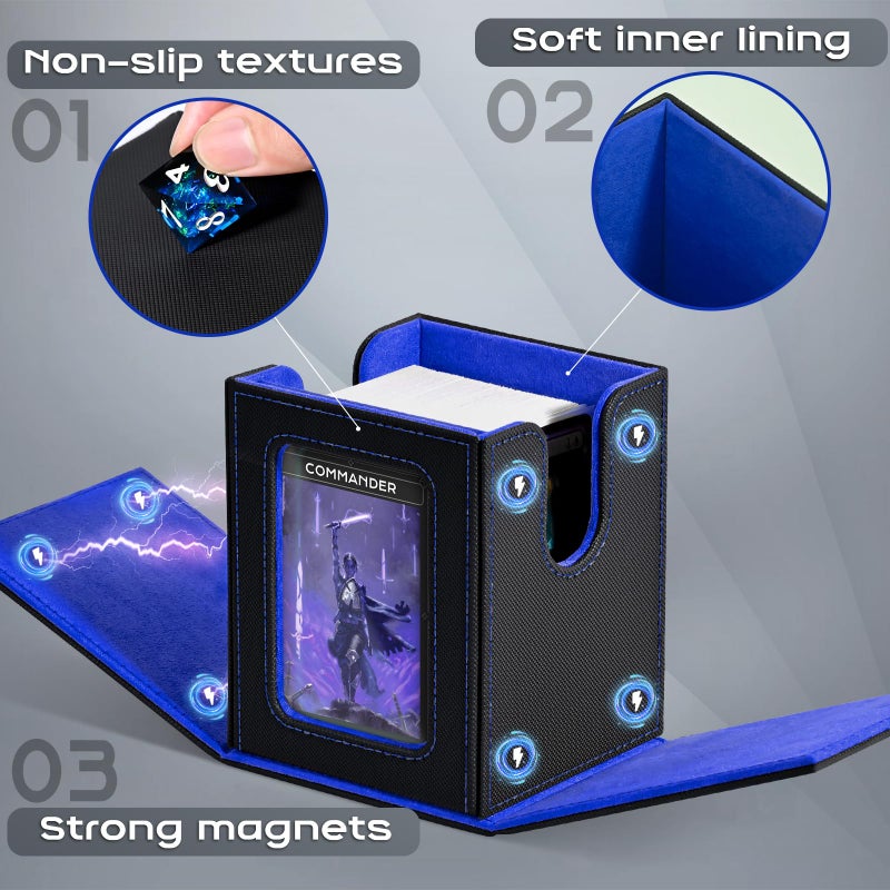 زد ال سي اي مربع سطح السفينة ZLCA MTG مع قائد نافذة عرض بطاقة تخزين بطاقة تداول يحمل 100 بطاقة مزدوجة الأكمام مناسبة ل TCG/CCG/PTCG/EDH/Magic/Sport Cards (Black & Blue) - Image 5