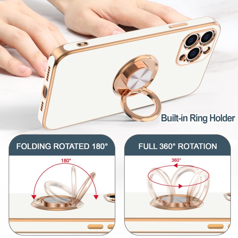 Hython Case for iPhone 12 Pro Max Case with Ring Stand [360Â° Rotatable Ring Holder Magnetic Kickstand] [Soft Microfiber Lining] Plating Rose Gold Edge Shockproof Protective Phone Cases Cover, White - Image 4