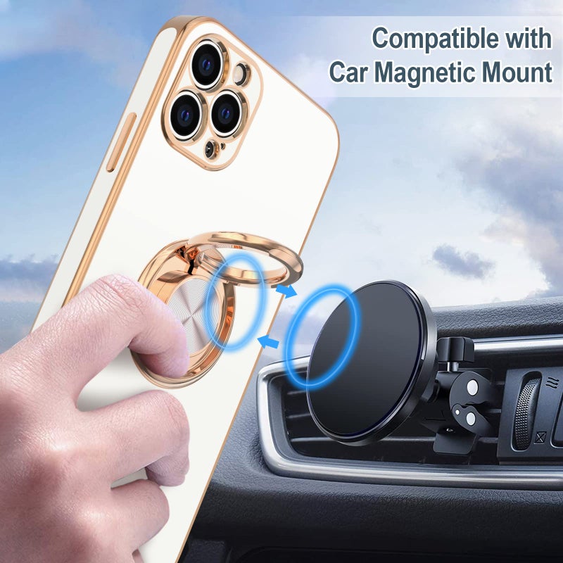Hython Case for iPhone 12 Pro Max Case with Ring Stand [360Â° Rotatable Ring Holder Magnetic Kickstand] [Soft Microfiber Lining] Plating Rose Gold Edge Shockproof Protective Phone Cases Cover, White - Image 5