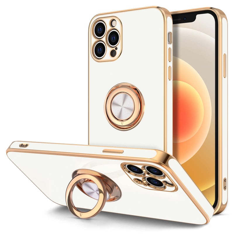 Hython Case for iPhone 12 Pro Max Case with Ring Stand [360Â° Rotatable Ring Holder Magnetic Kickstand] [Soft Microfiber Lining] Plating Rose Gold Edge Shockproof Protective Phone Cases Cover, White - Image 1