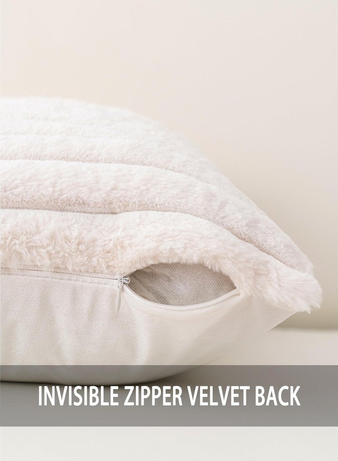 Aegero Pack of 2 Faux Fur Christmas Throw Pillow Covers 18x18 Inch, Soft Plush Striped Neutral Couch Pillow Cover, with Velvet Back Modern Home Decor for Sofa Living Room Couch Bed Cream White - Image 2