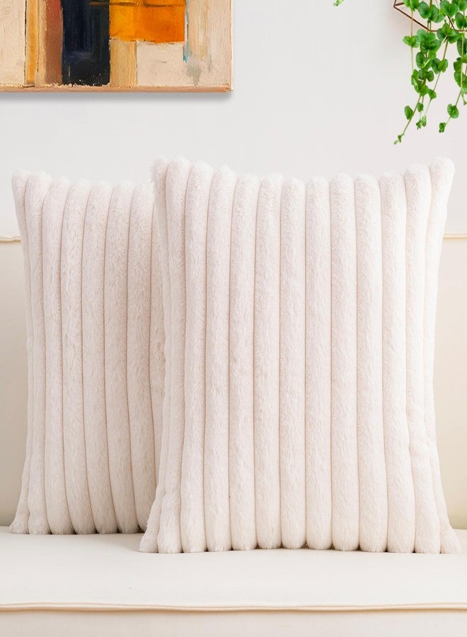 Aegero Pack of 2 Faux Fur Christmas Throw Pillow Covers 18x18 Inch, Soft Plush Striped Neutral Couch Pillow Cover, with Velvet Back Modern Home Decor for Sofa Living Room Couch Bed Cream White - Image 1