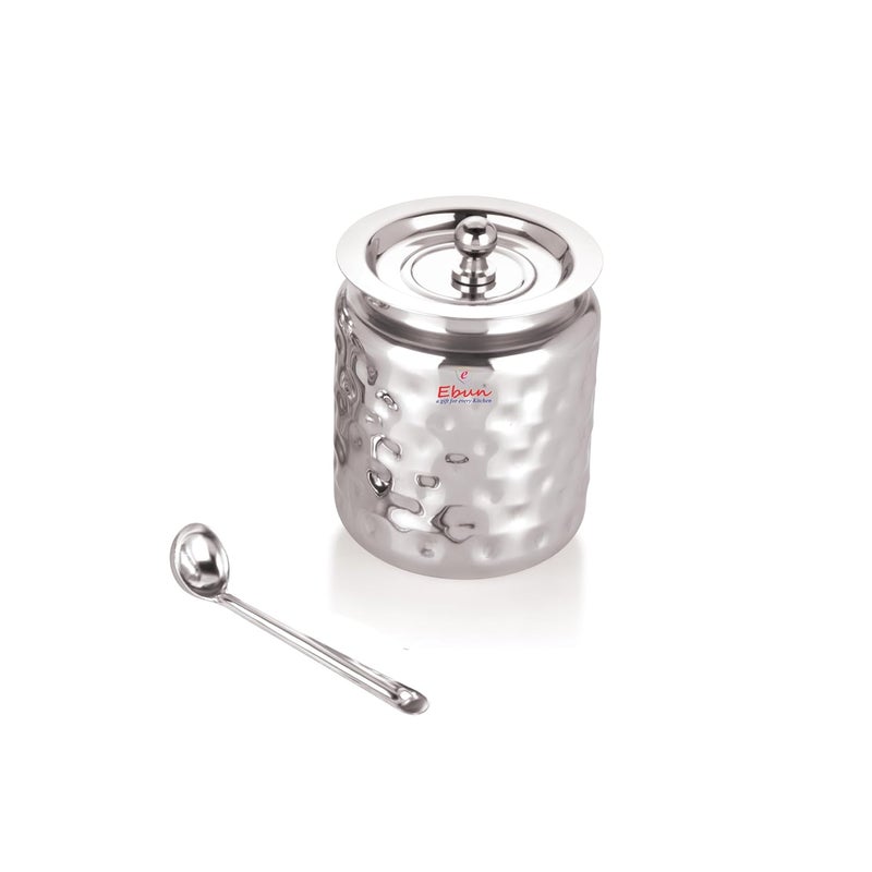 Ebun Stainless Steel Ghee Pot with Spoon Hand Hammered Stainless Steel Oil Containers for Kitchen Oil Containers for Kitchen Steel Oil Container Steel Oil Can Steel Pack of 1 1000 Ml