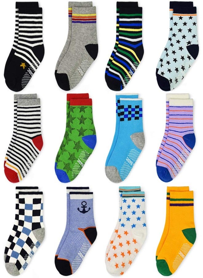 Tphon 12 Pairs Toddler Non Skid Socks with Grips Anti Slip Bottom, Cotton Non Slip Ankle Crew Socks for Boys, Girls, Kids(1-3Years) - Image 1