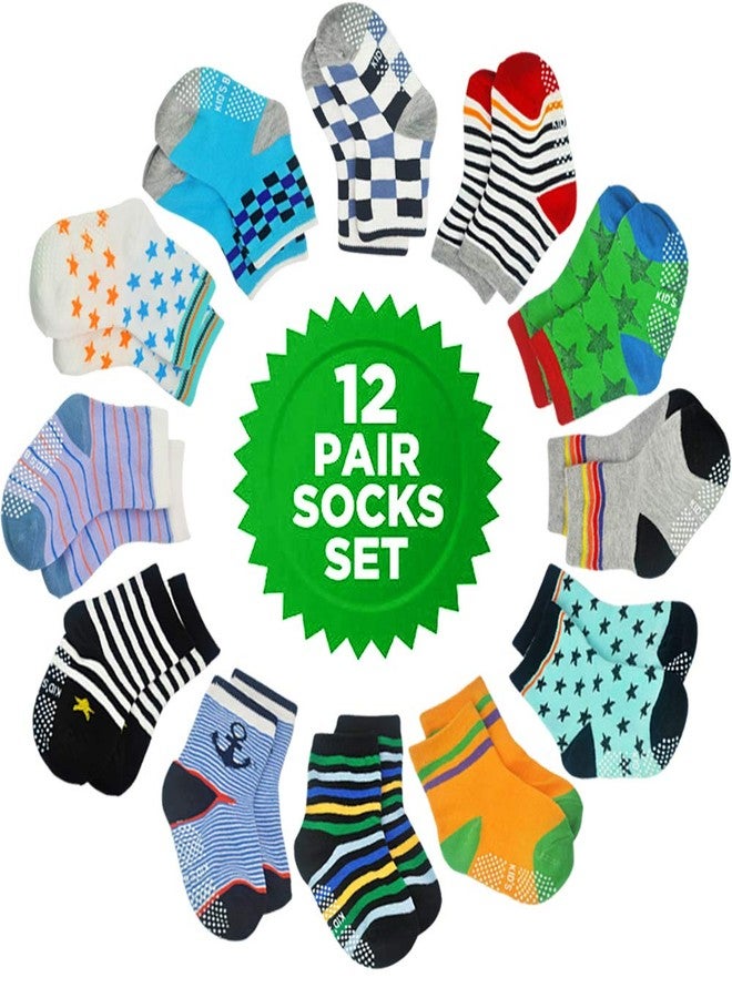 Tphon 12 Pairs Toddler Non Skid Socks with Grips Anti Slip Bottom, Cotton Non Slip Ankle Crew Socks for Boys, Girls, Kids(1-3Years) - Image 5