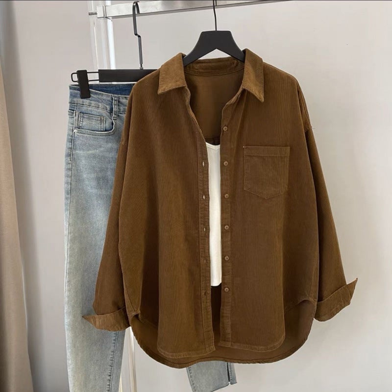 French Design Sense Niche Corduroy Sanding Retro Hong Kong Flavor Light Mature Shirt Womens 2025 Spring and Autumn New Top Brown
