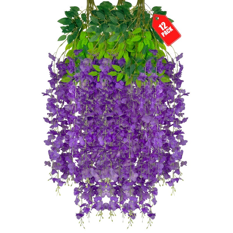 ZEBMOON 12Pack Purple Wisteria Hanging Flowers  Purple 3.77 Ft Fake Hanging Flowers  Purple Artificial Wisteria Garland  Purple Wisteria Flower Vines  Wisteria Flowers for Decor  Wisteria Garland for Backdrop - Image 1