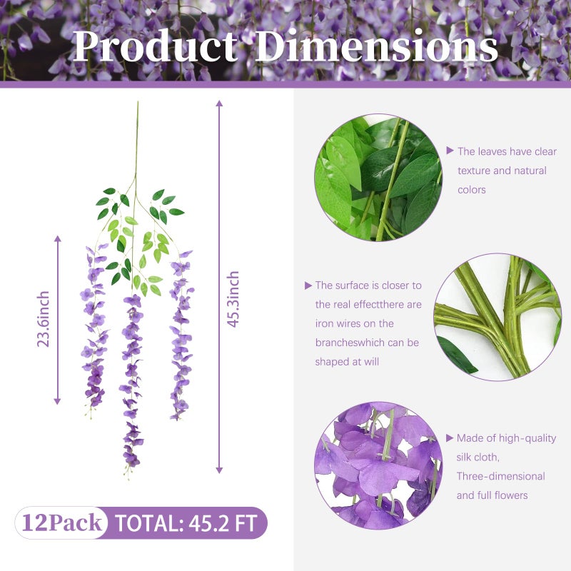 ZEBMOON 12Pack Purple Wisteria Hanging Flowers  Purple 3.77 Ft Fake Hanging Flowers  Purple Artificial Wisteria Garland  Purple Wisteria Flower Vines  Wisteria Flowers for Decor  Wisteria Garland for Backdrop - Image 2