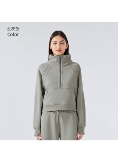 Generic Half Zip High Collar Fleece Sweater Women Autumn Winter earthy gray 