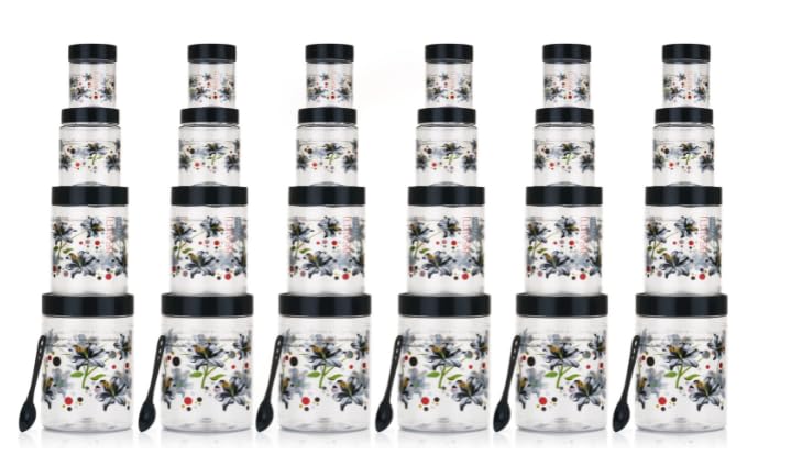 Qshare Flower Printed Storage Containers - Plastic Storage Organiser Jar Set for Kitchen with Airtight Lid Spoon, 1200ml, 650ml, 350ml & 250ml Dabba for Snacks, Grains Dry Fruits (Black, Set Of 24pc) - Image 5