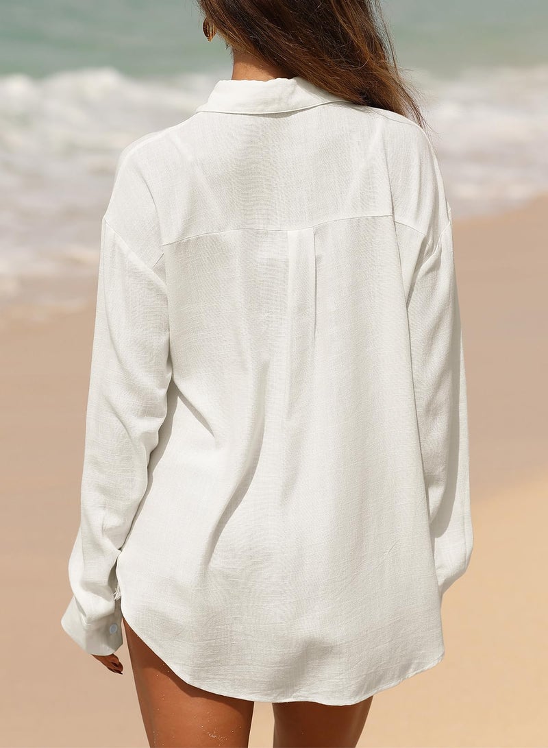 Astylish Women's Loose Fit Business Casual Tops Spring Summer Cotton Linen Button Down Shirts Roll Up Long Sleeve V Neck Plain Trendy Breathable Soft Blouses Beach Vacation Essentials White Medium - Image 5