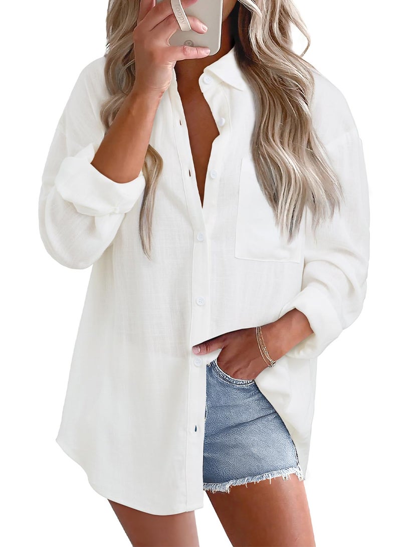 Astylish Women's Loose Fit Business Casual Tops Spring Summer Cotton Linen Button Down Shirts Roll Up Long Sleeve V Neck Plain Trendy Breathable Soft Blouses Beach Vacation Essentials White Medium - Image 1
